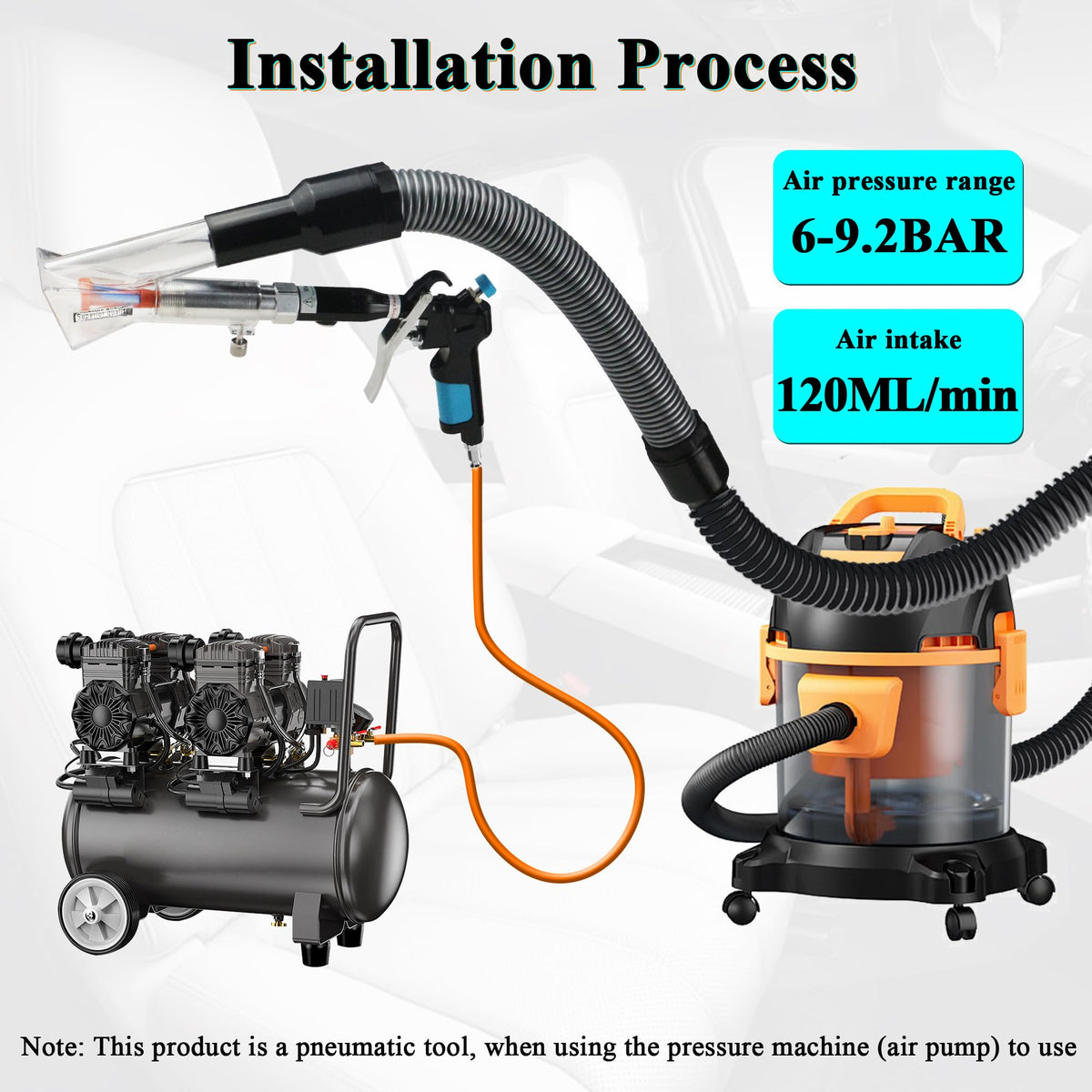 GOCCIDA gun extracting dust from dashboard vents showing precise cleaning of tight spaces