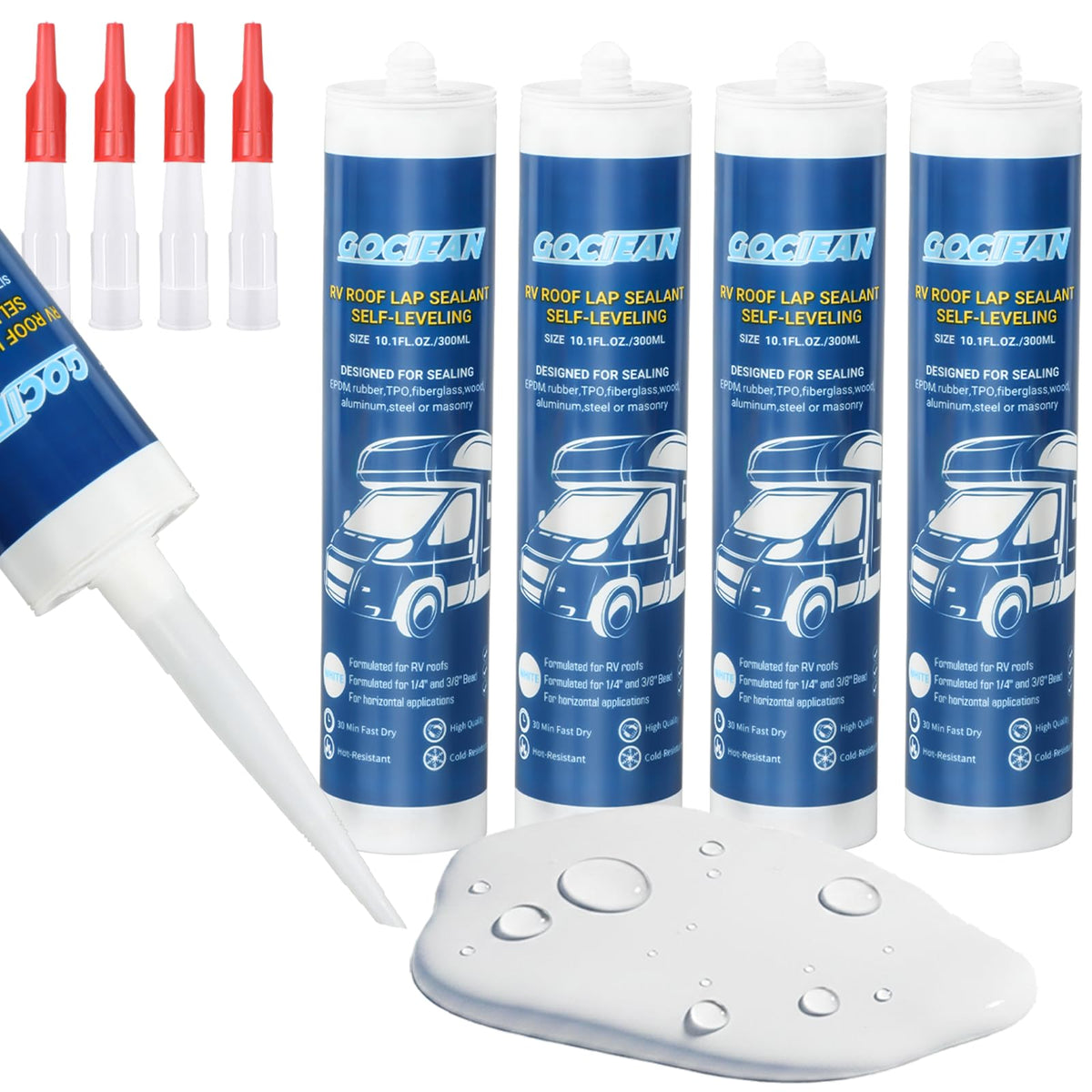 Gociean front packaging showing four white sealant tubes and labels for easy identification