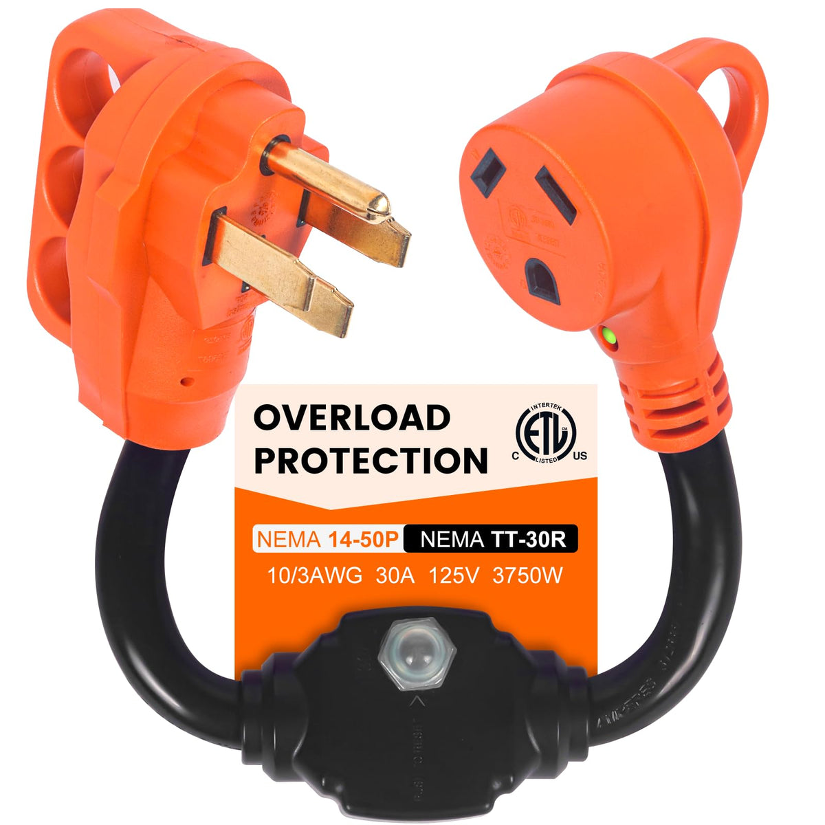 Gociean front view of adapter showing full 14-50P to TT-30R connection and benefit of safe conversion