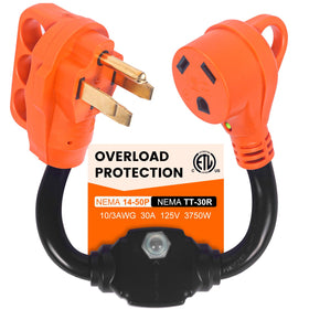 Gociean front view of adapter showing full 14-50P to TT-30R connection and benefit of safe conversion