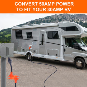 Gociean adapter in use at an RV pedestal demonstrating quick hookup and safe power access