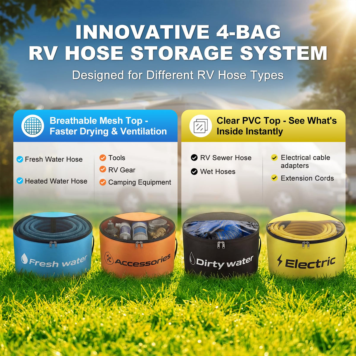 Gociean bag beside standard hose to show size and capacity benefit