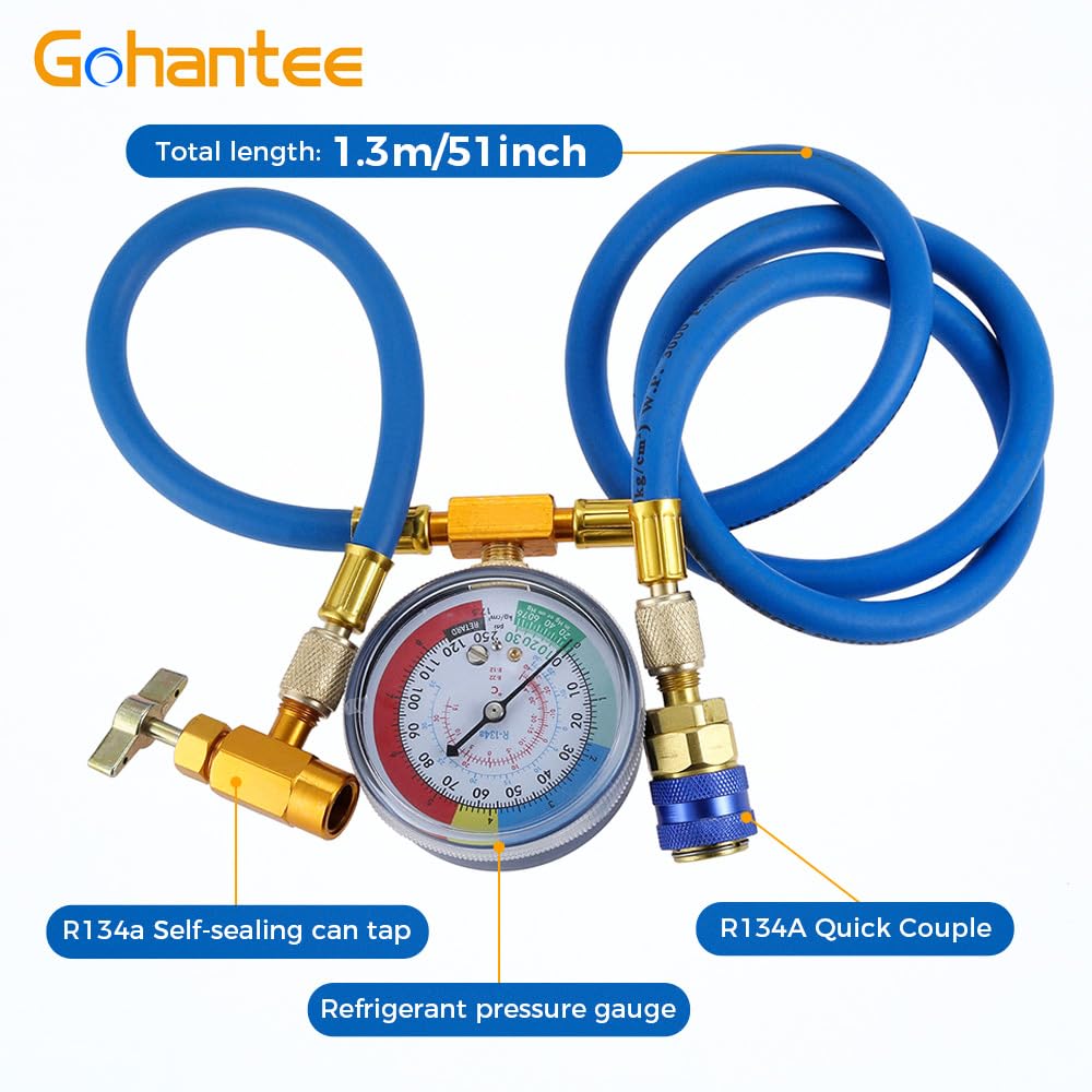 gohantee gauge closeup showing dual pressure and refrigerant temperature scales for accurate readings