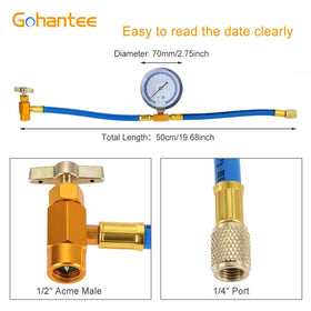 gohantee gauge close-up with readable R134a R12 R22 scales for fast pressure checks