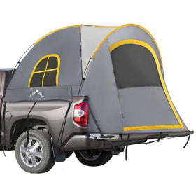 GoHimal front view showing tent fitted on truck bed and quick setup benefit