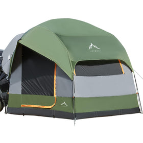 GoHimal tent front setup showing full shelter and vehicle connection benefit: quick convertible campsite
