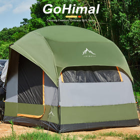 GoHimal tent at campsite with family enjoying outdoors benefit: versatile year-round shelter