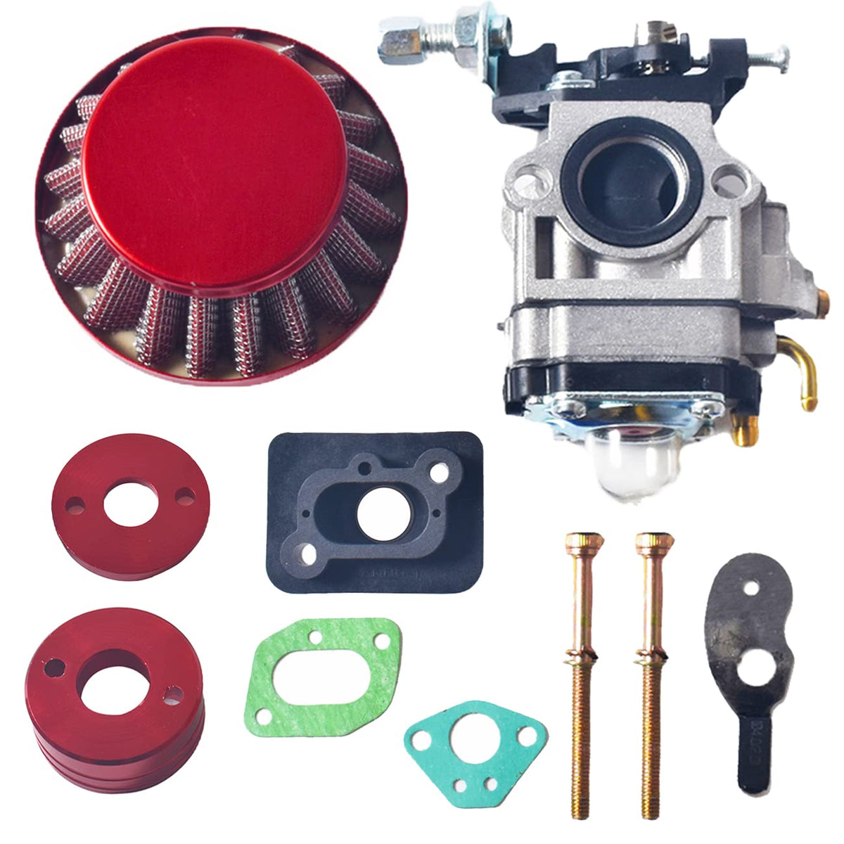 GOIRTUTSS front view of red 15mm carburetor showing mounting ports and choke benefit