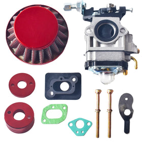 GOIRTUTSS front view of red 15mm carburetor showing mounting ports and choke benefit