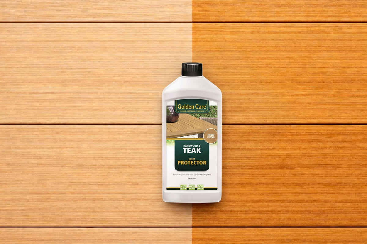 Golden Care 1L bottle beside teak chair to show scale and quick maintenance benefit