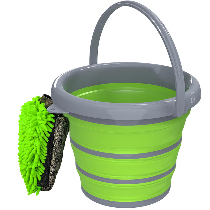 GOLDFOX collapsible bucket front view showing stable rim and green color, convenient storage benefit