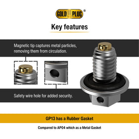 GoldPlug GP13 magnet close-up capturing metal particles for cleaner oil and reduced wear