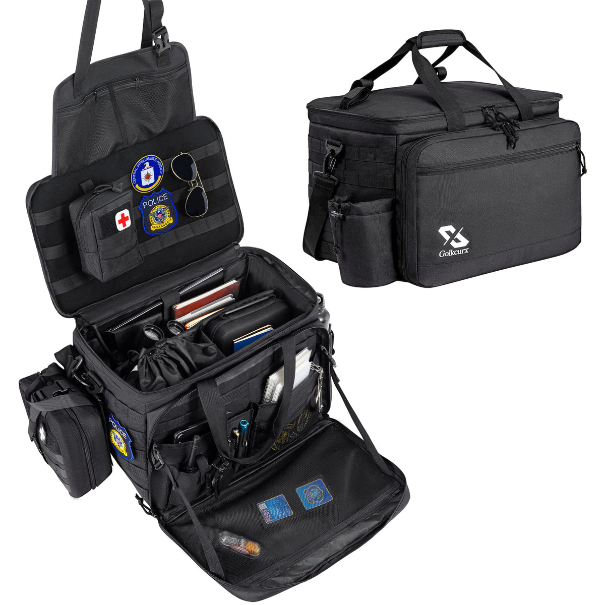 Golkcurx front view seat-mounted patrol bag showing organized pockets and quick access