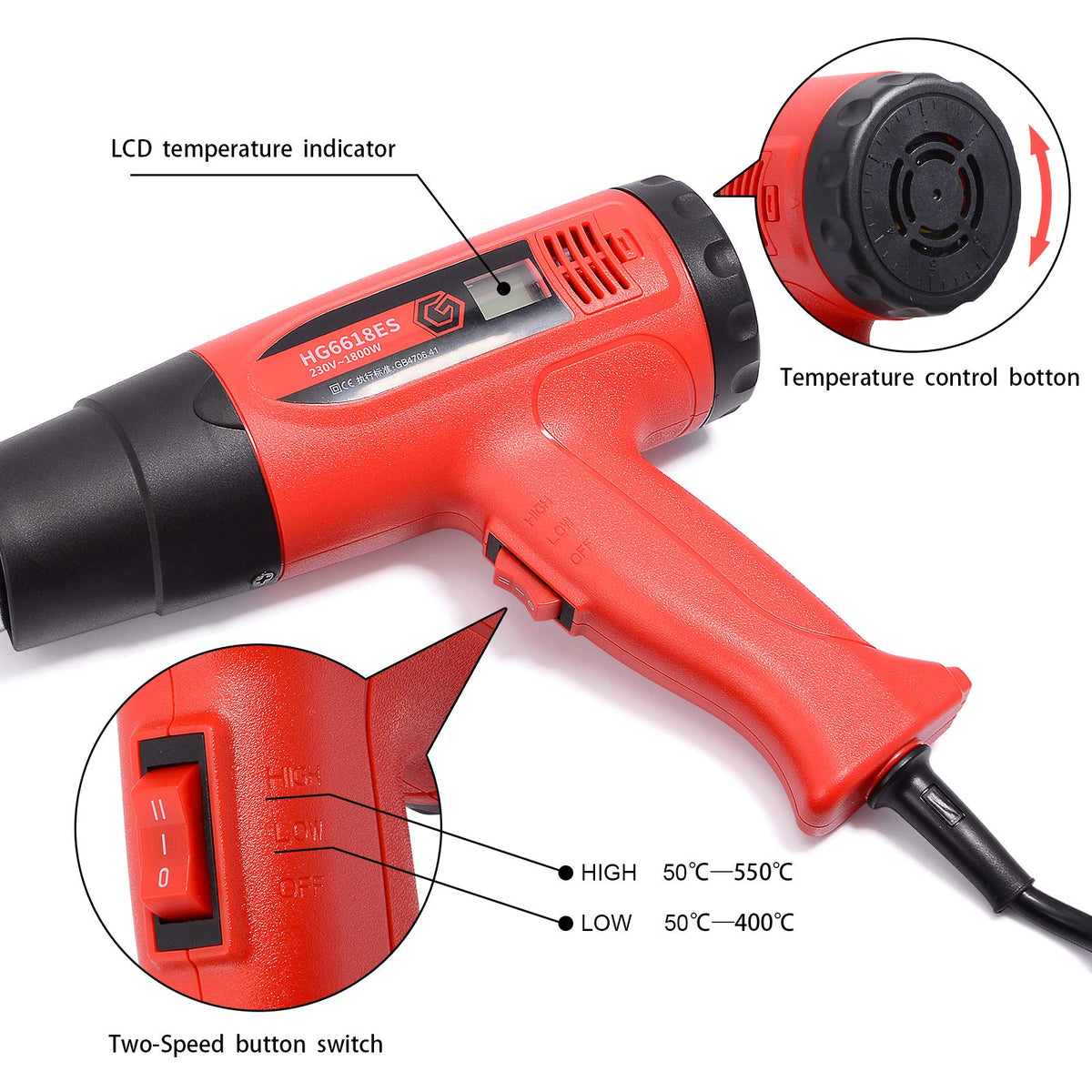 Gomake heat gun closeup with digital display for controlled heating