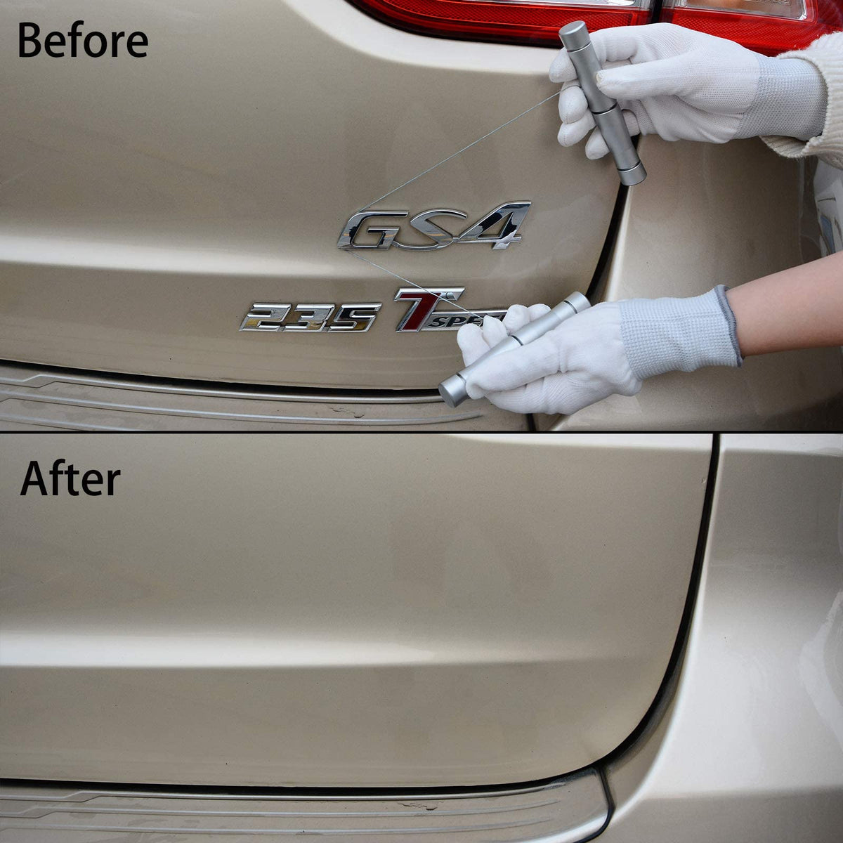 Gomake in use under emblem demonstrating safer film tuck benefit