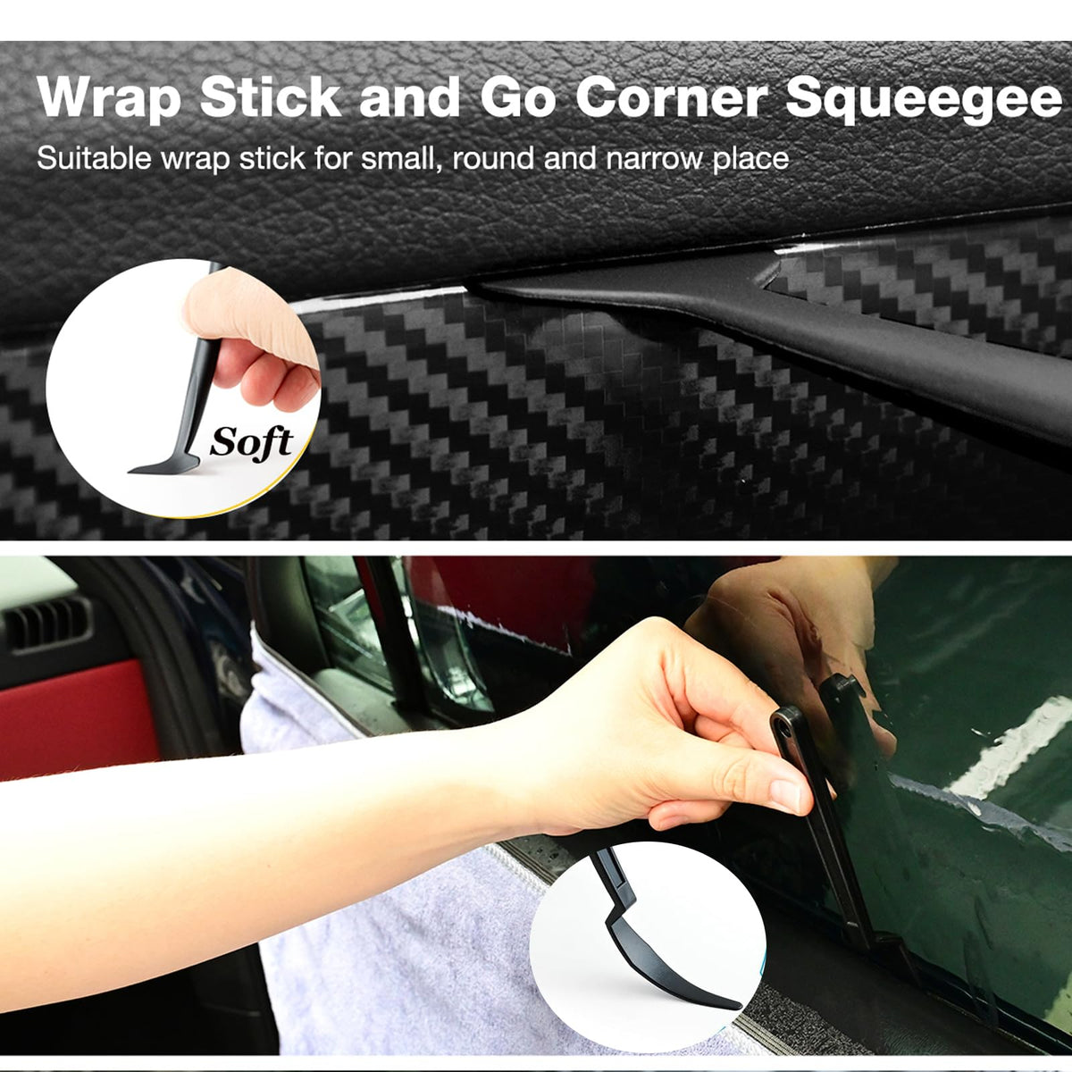 Gomake mini quarter squeegee used on a small car window for tight curves