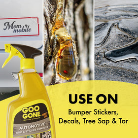 Goo Gone before and after bumper sticker removal showing restored painted surface