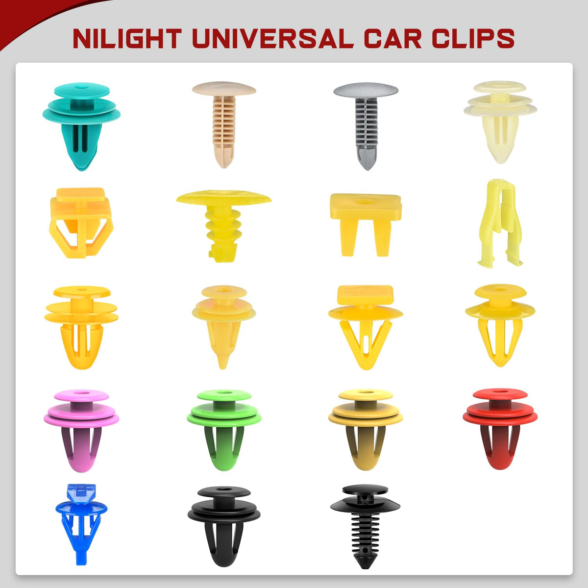 GOOACC close-up showing mixed nylon clips variety for universal fitment