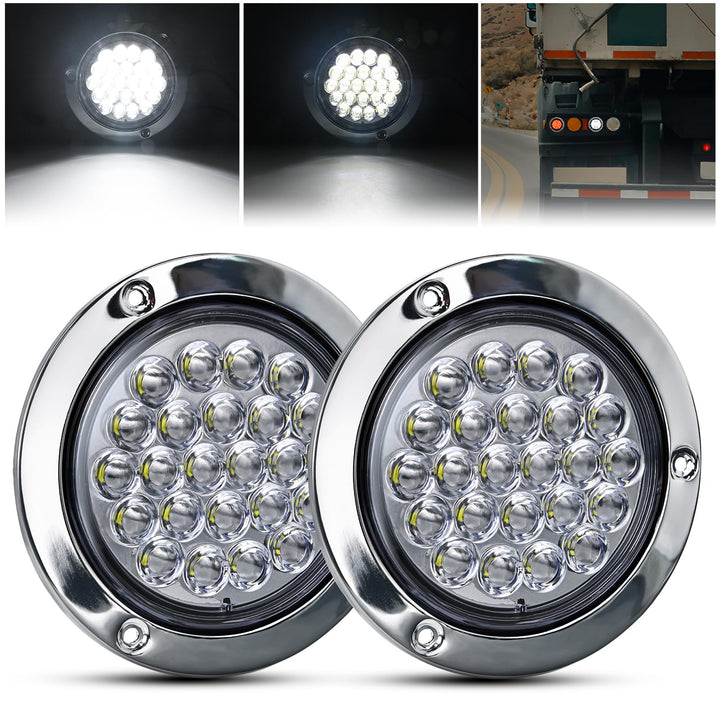 GOOACC front view of round tail light pair showing bright white output and visibility benefit