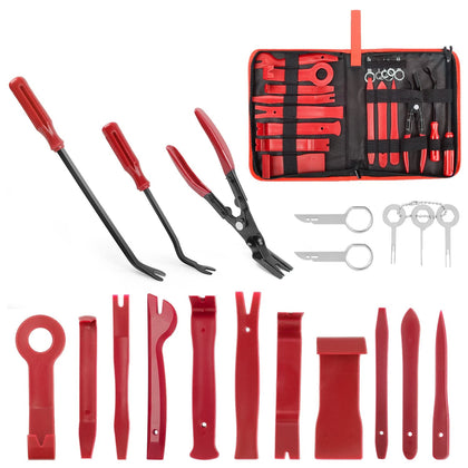 GOOACC front view of 19pcs trim removal set showing organized layout and bag - keeps tools accessible