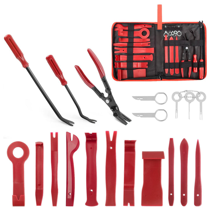 GOOACC front view of 19pcs trim removal set showing organized layout and bag - keeps tools accessible
