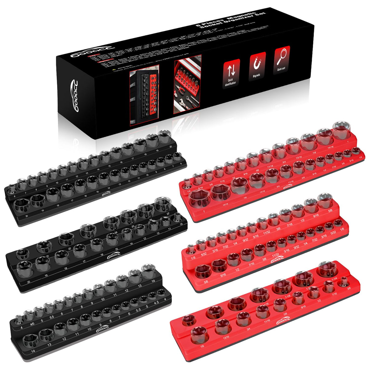 GOOACC front view of six magnetic socket organizer trays showing color coding and capacity