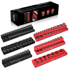 GOOACC front view of six magnetic socket organizer trays showing color coding and capacity