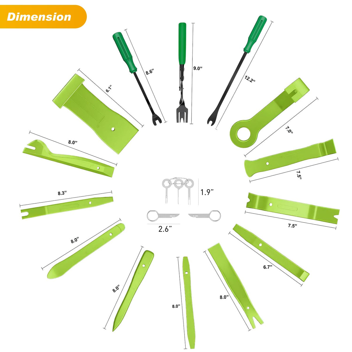 GOOACC tool array flatlay displaying all 19 nylon trim tools for organized selection