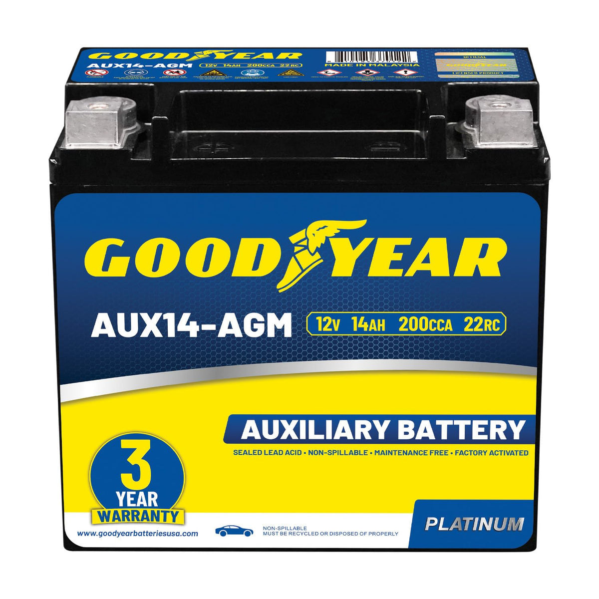 Goodyear AUX14-AGM front view showing compact sealed casing and durable build for reliable power