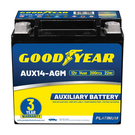 Goodyear AUX14-AGM front view showing compact sealed casing and durable build for reliable power