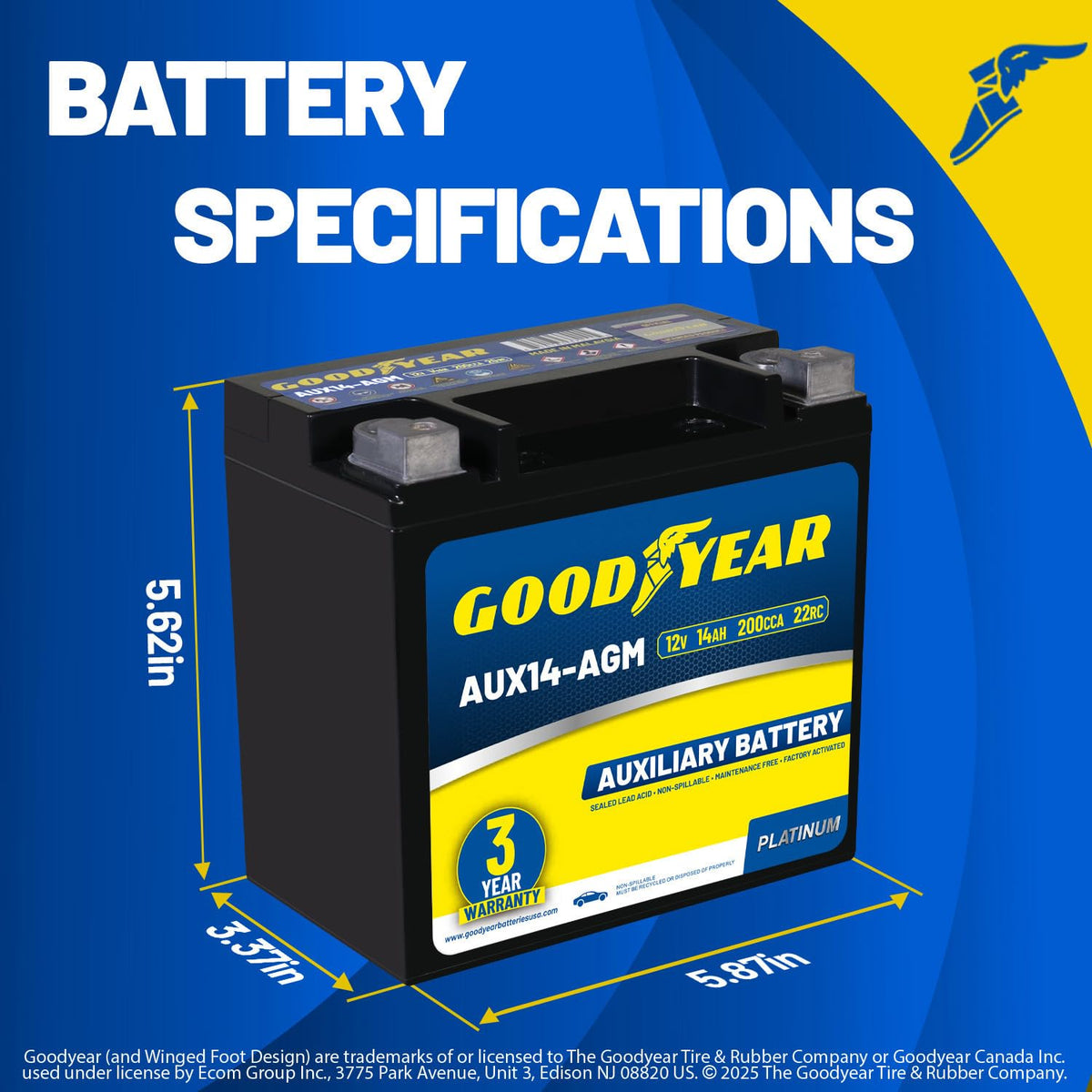 Goodyear AUX14-AGM top view with clear positive and negative terminals for easy hookup