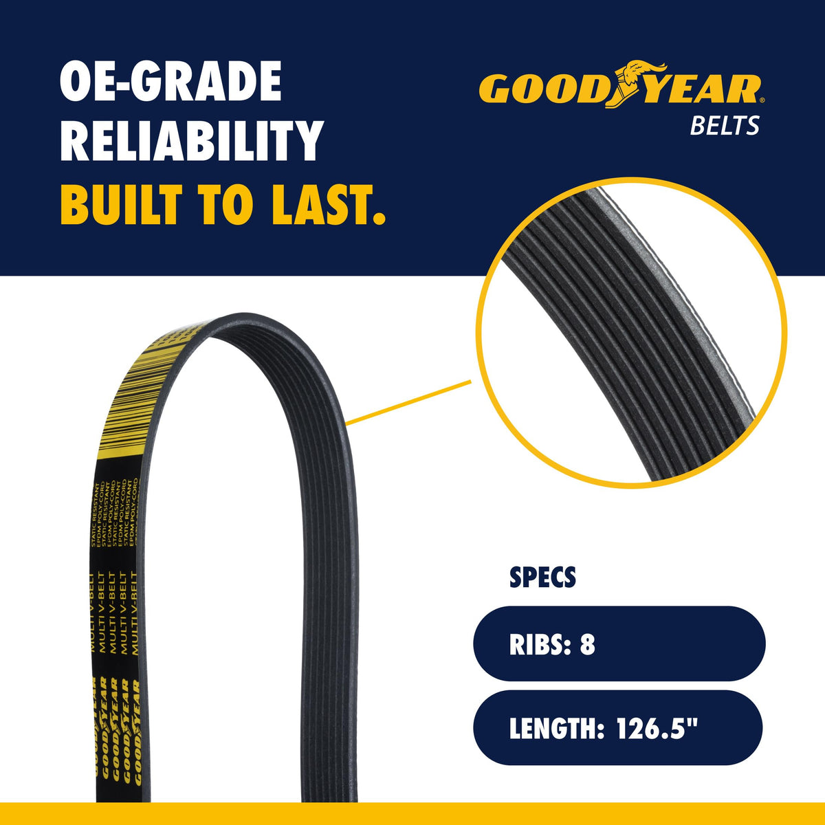 Goodyear belt rib profile closeup highlighting even contact and reduced noise