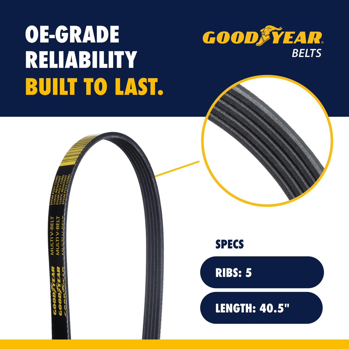 Goodyear belt rib profile close-up showing grip and quiet operation