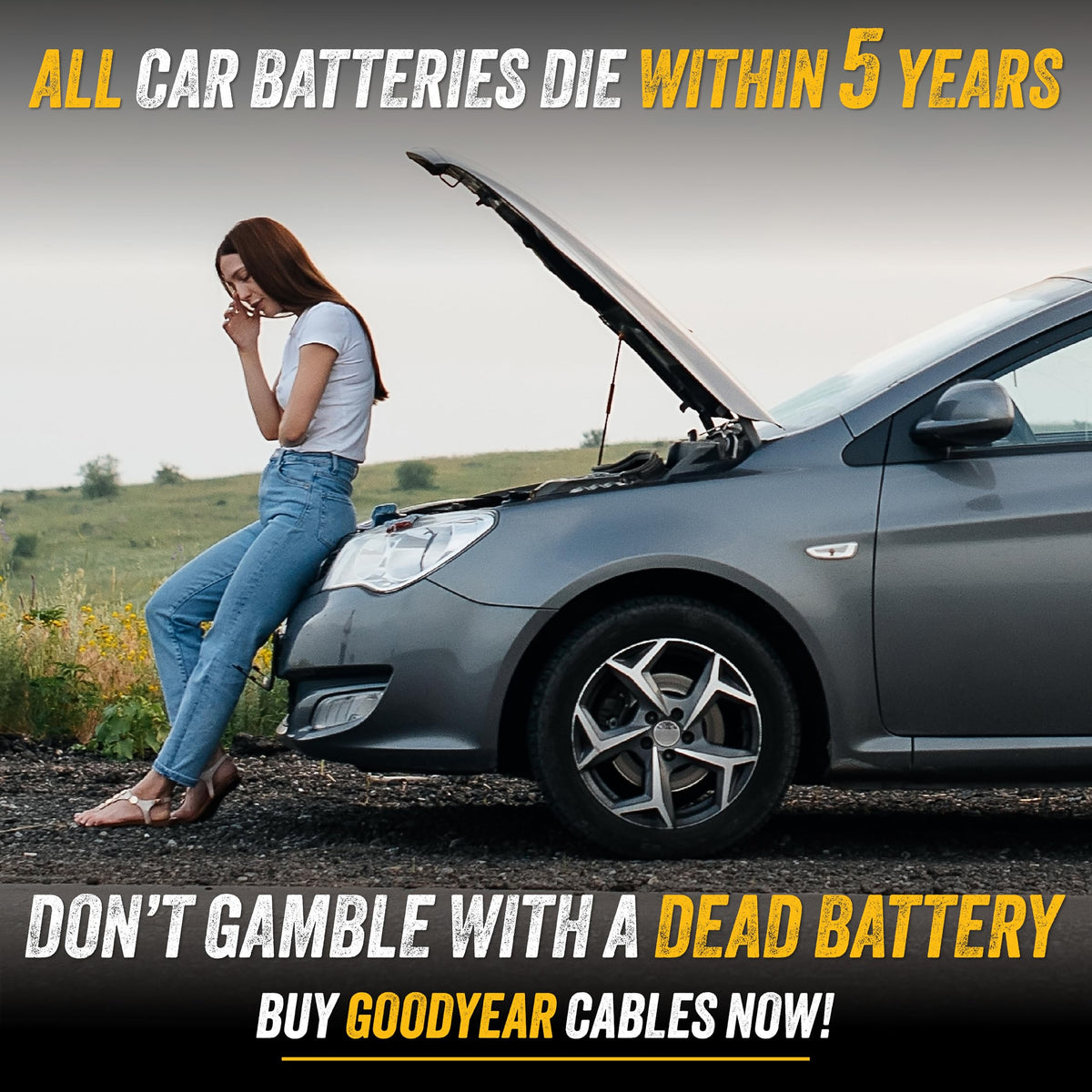 Goodyear cables attached to car battery demonstrating quick roadside use