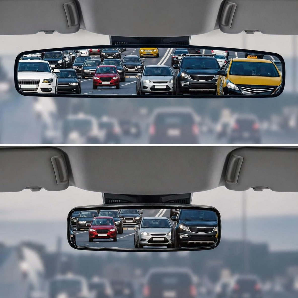 Goodyear front view mirror showing wide panoramic reflection and improved lane visibility