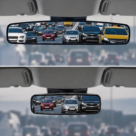 Goodyear front view mirror showing wide panoramic reflection and improved lane visibility