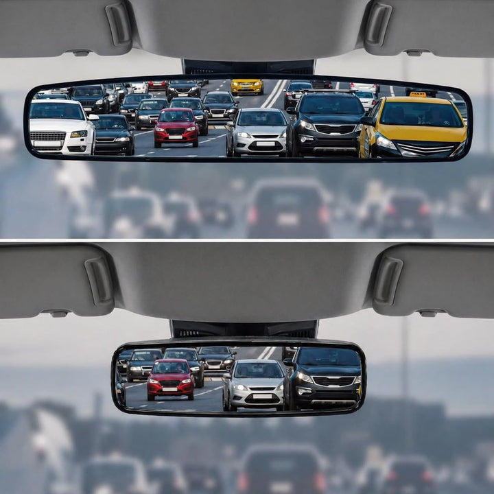 Goodyear front view mirror showing wide panoramic reflection and improved lane visibility