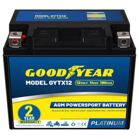 Goodyear GYTX12 front view showing compact battery and clear polarity for easy fit