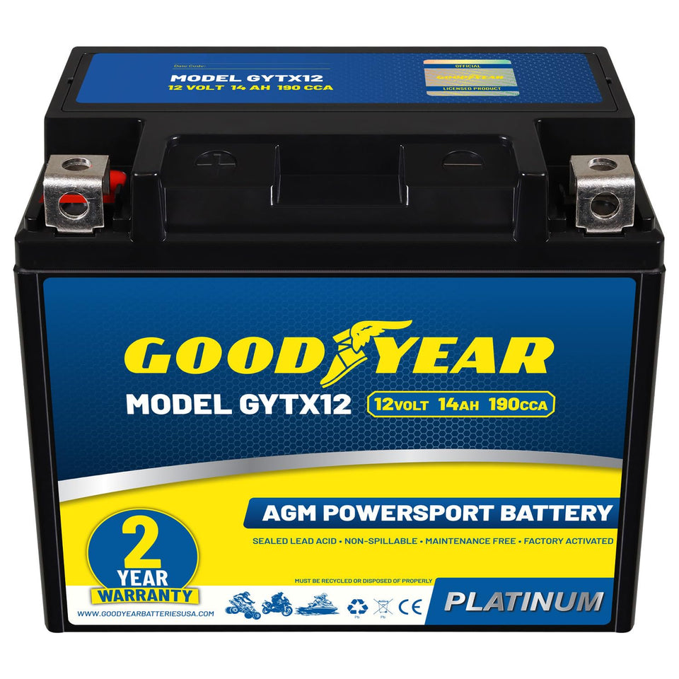 Goodyear GYTX12 front view showing compact battery and clear polarity for easy fit