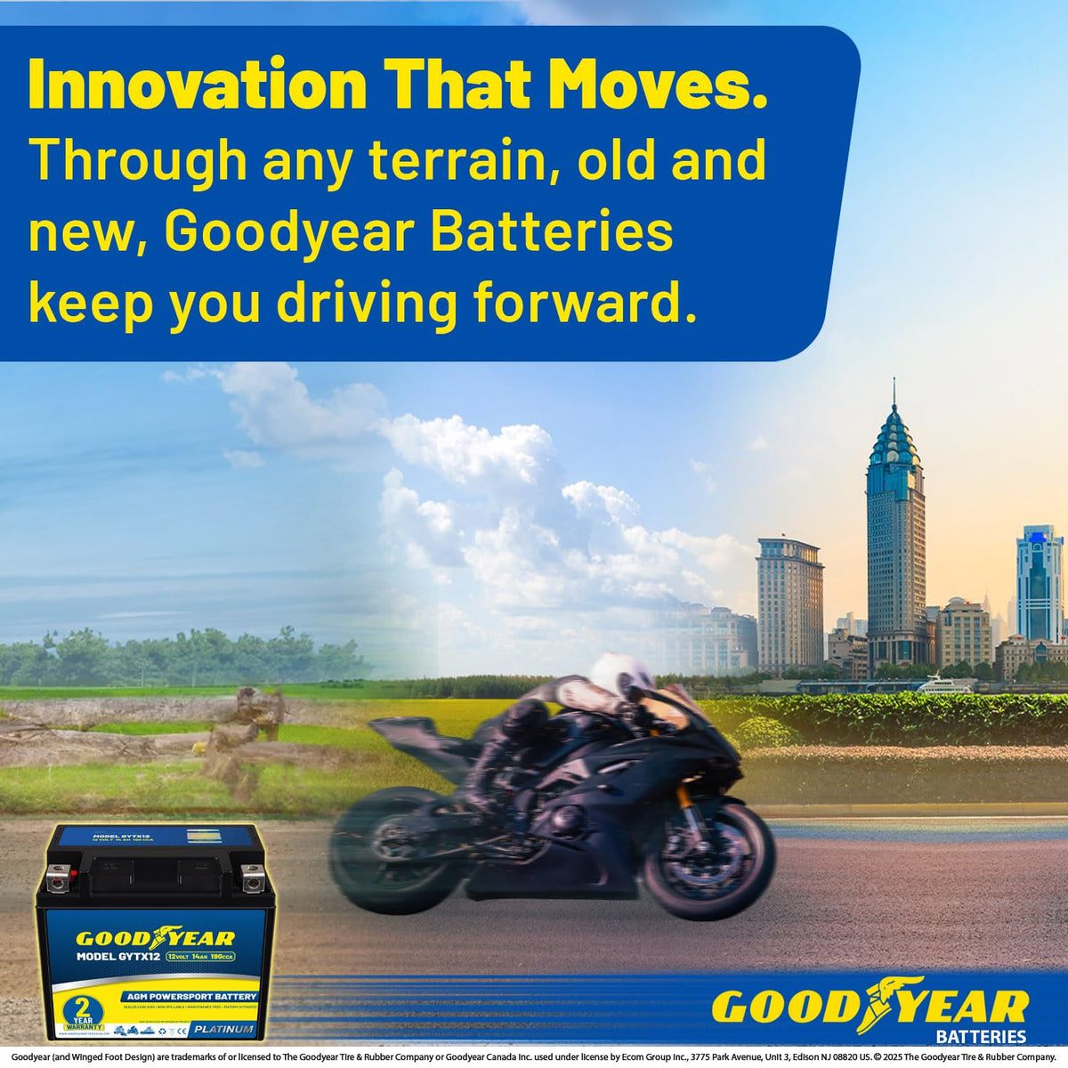 Goodyear GYTX12 in off-road trail setting showing rugged use and dependable power