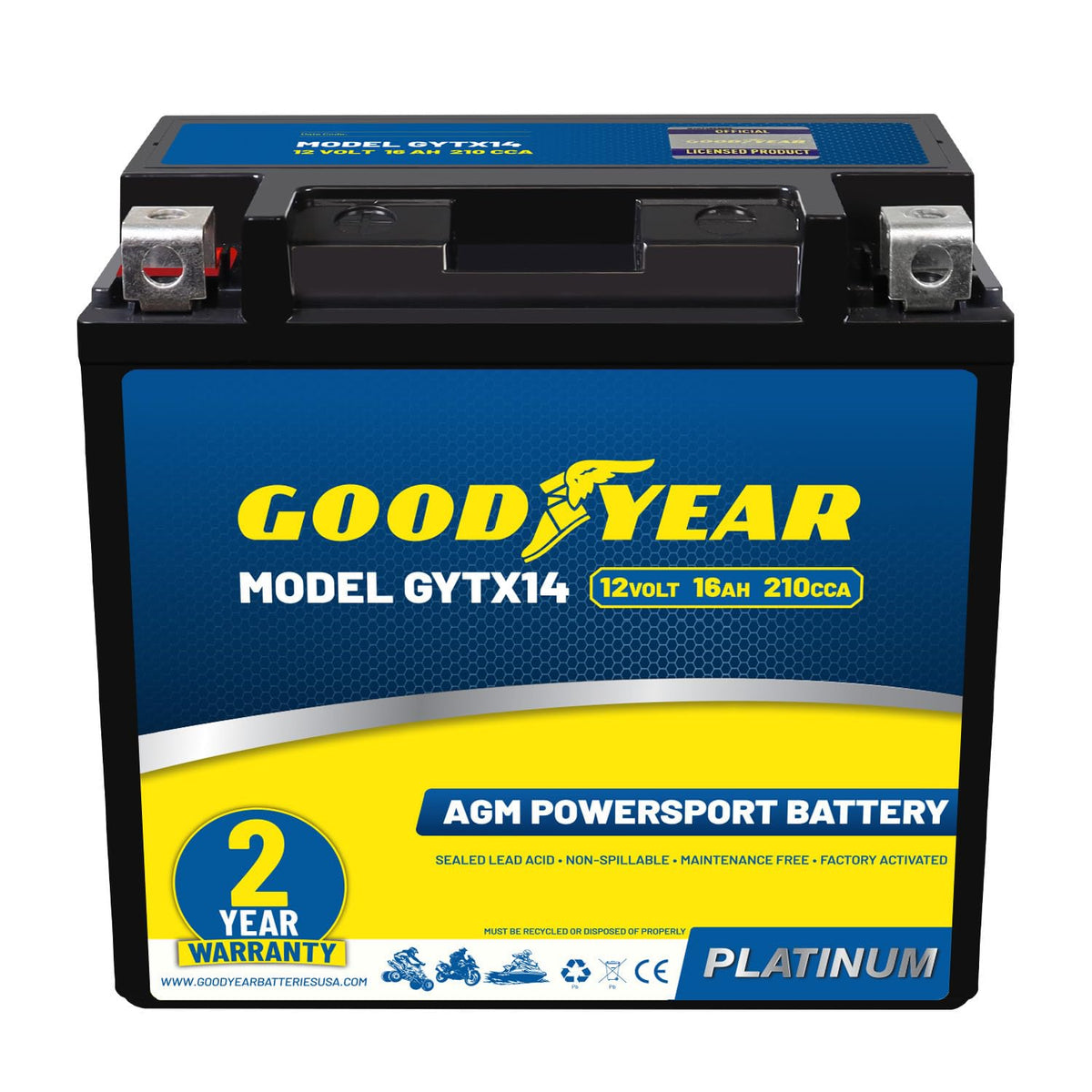 Goodyear GYTX14 front view showing compact maintenance-free design and ready-to-install benefit