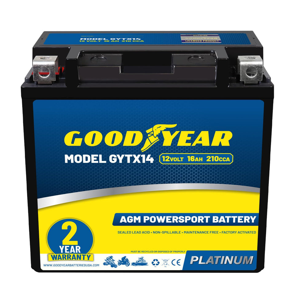 Goodyear GYTX14 front view showing compact maintenance-free design and ready-to-install benefit