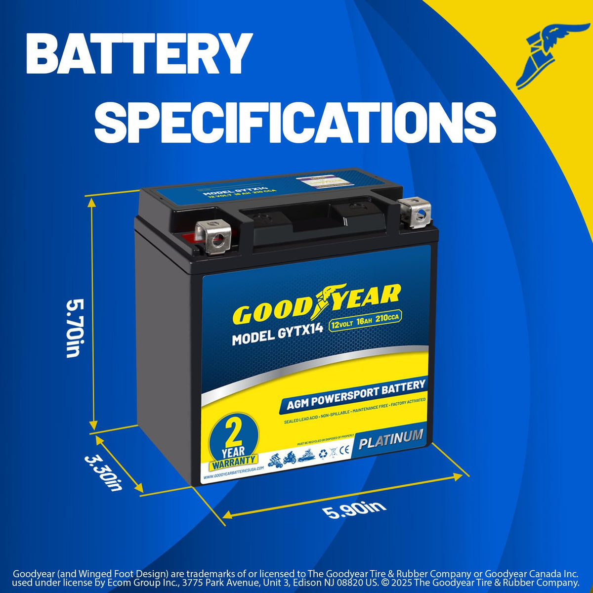 Goodyear GYTX14 terminal and label detail showing polarity and clear markings for correct installation