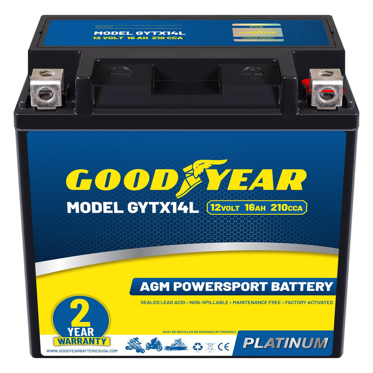 Goodyear GYTX14L front view showing compact battery offering reliable power