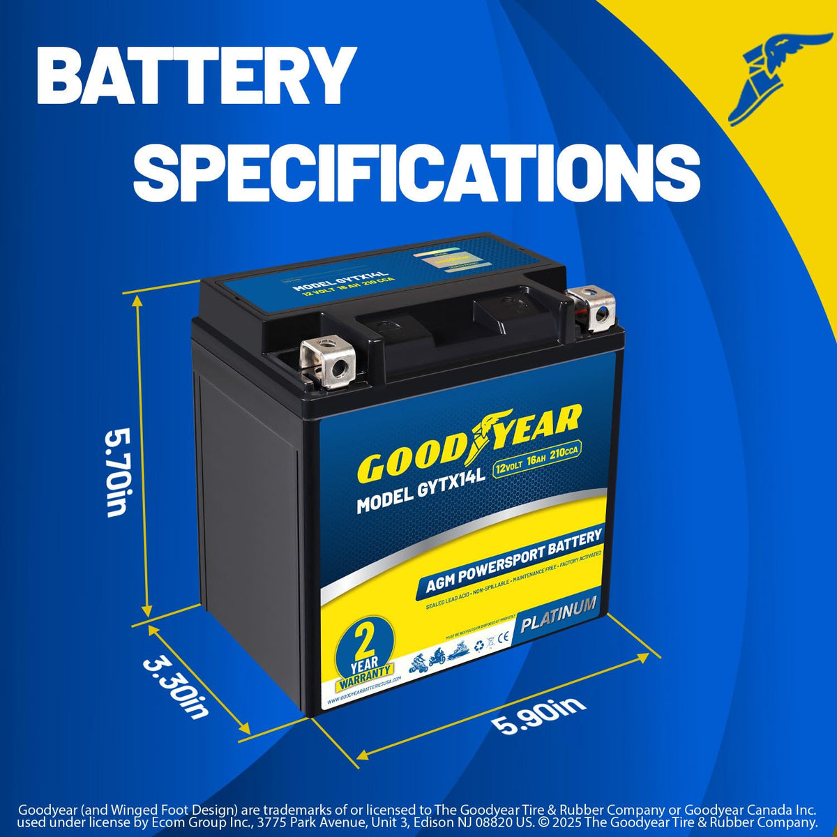 Goodyear GYTX14L side dimensions view highlighting compact fit for tight spaces