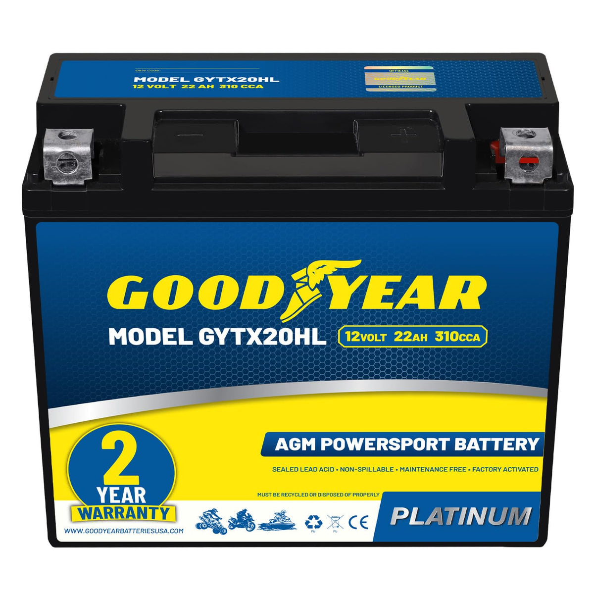 Goodyear GYTX20HL front view showing compact battery and easy installation benefit