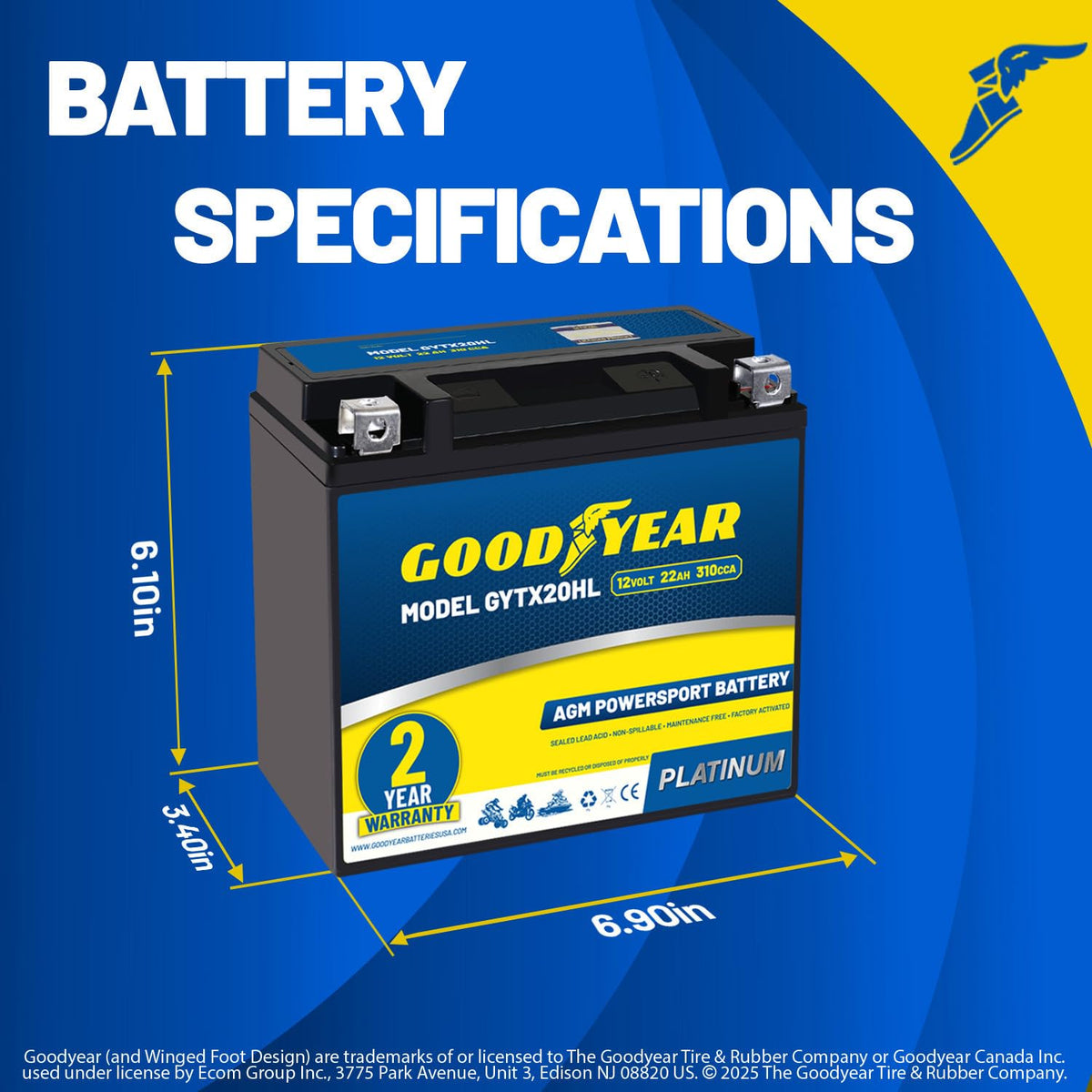 Goodyear GYTX20HL top terminals and polarity labels for correct hookup benefit