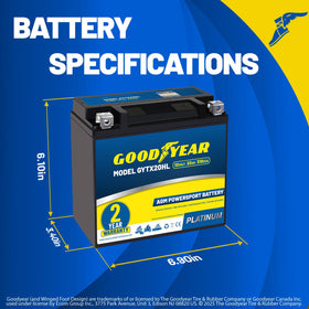 Goodyear GYTX20HL top terminals and polarity labels for correct hookup benefit
