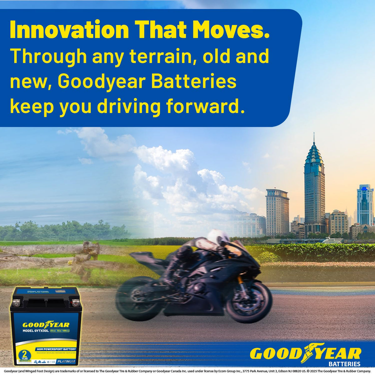 Goodyear GYTX30L fitted inside a snowmobile illustrating cold-weather ignition reliability
