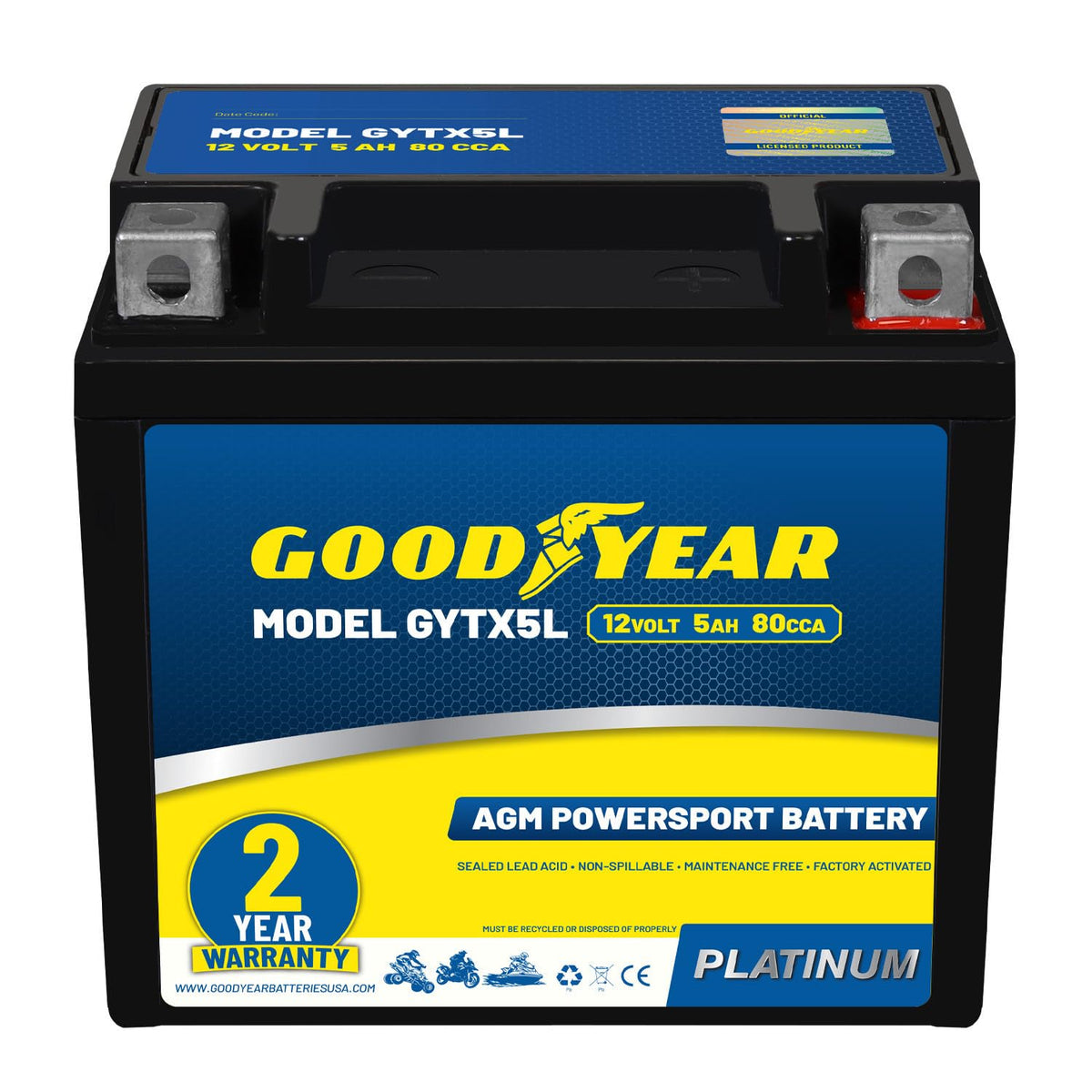 Goodyear GYTX5L front view showing compact battery and ready-install benefit
